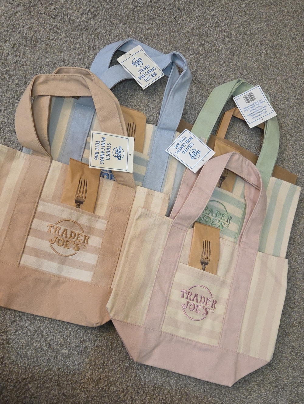 Set Of 4 Trader Joe's Striped Canvas Summer Tote Bags — Pastel Assorted Colors